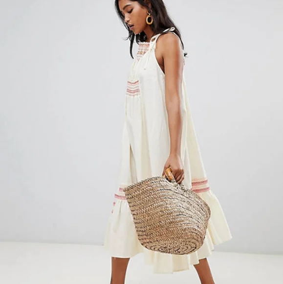leaf embroidered wedding dress Natural Floral Linen Dress L Ivory/Black by Lane 201 main image 1